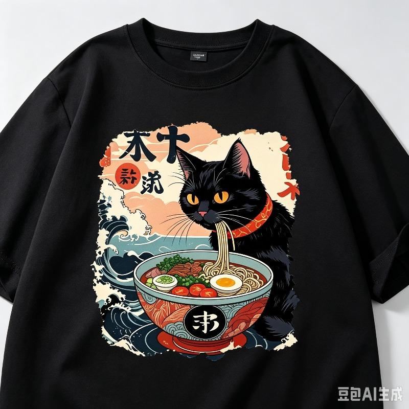Casual Ukiyoe Style T Shirt Black Cat Raunisex Noodles Ocean Wave Printed Short Sleeve Top