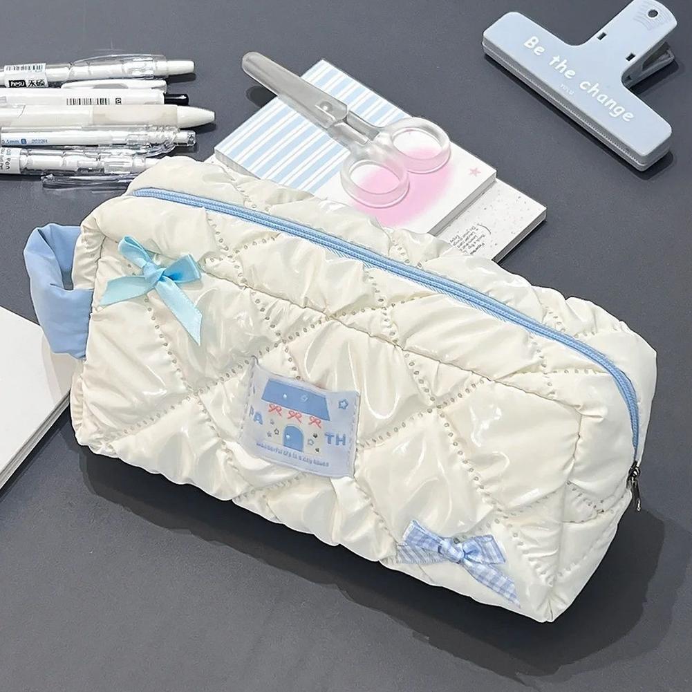 Large Capacity Milk White Butterfly Bow Pencil Case Cute Layered Storage Pencil Bags Portable Students Stationery Storage Bag