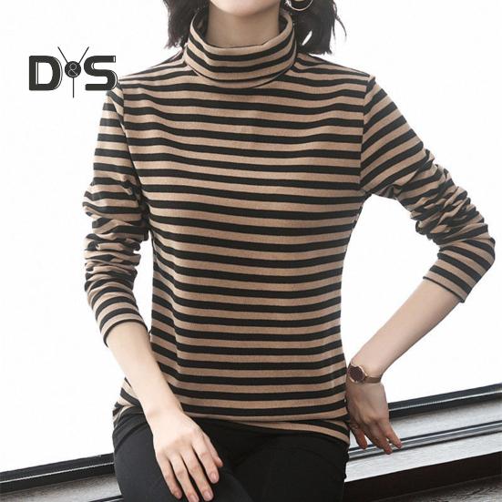 Damen-Oberteile mit hohem Kragen, langen Ärmeln, verdicktem Samtfutter, Pullover-Oberteile, gestreifter Aufdruck