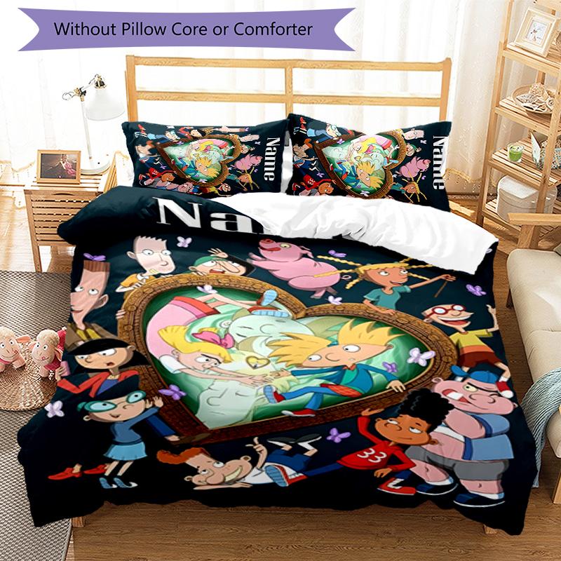 3pcs Custom Name Cartoon Hey Arnold Bedding Set Duvet Cover Closure Includes 1 Duvet Cover & 2 Pillowcases for All Seasons Bedroom Decor