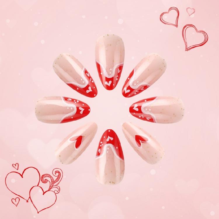 Valentinstag Lange Mandel-Press-On-Nägel mit Herz-Design Vollabdeckung Glänzend Falsche Nägel Künstliche Nägel 24 Stück