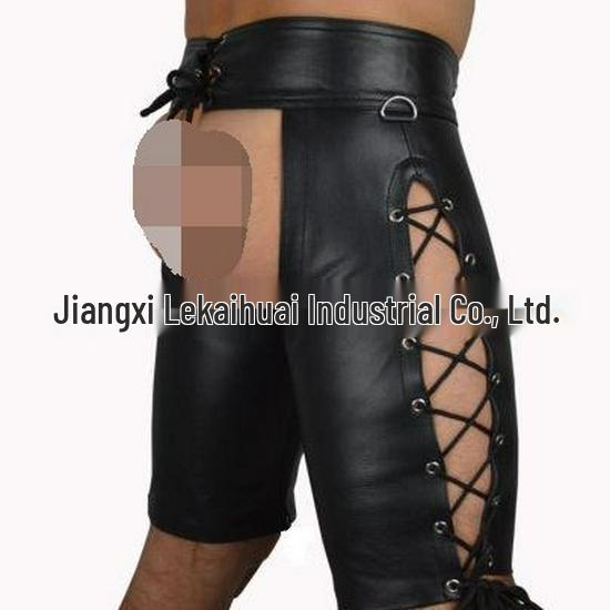 European & American Erotic PU Men's Open Crotch Patent Leather Tight Pants and Wild Leather Shorts
