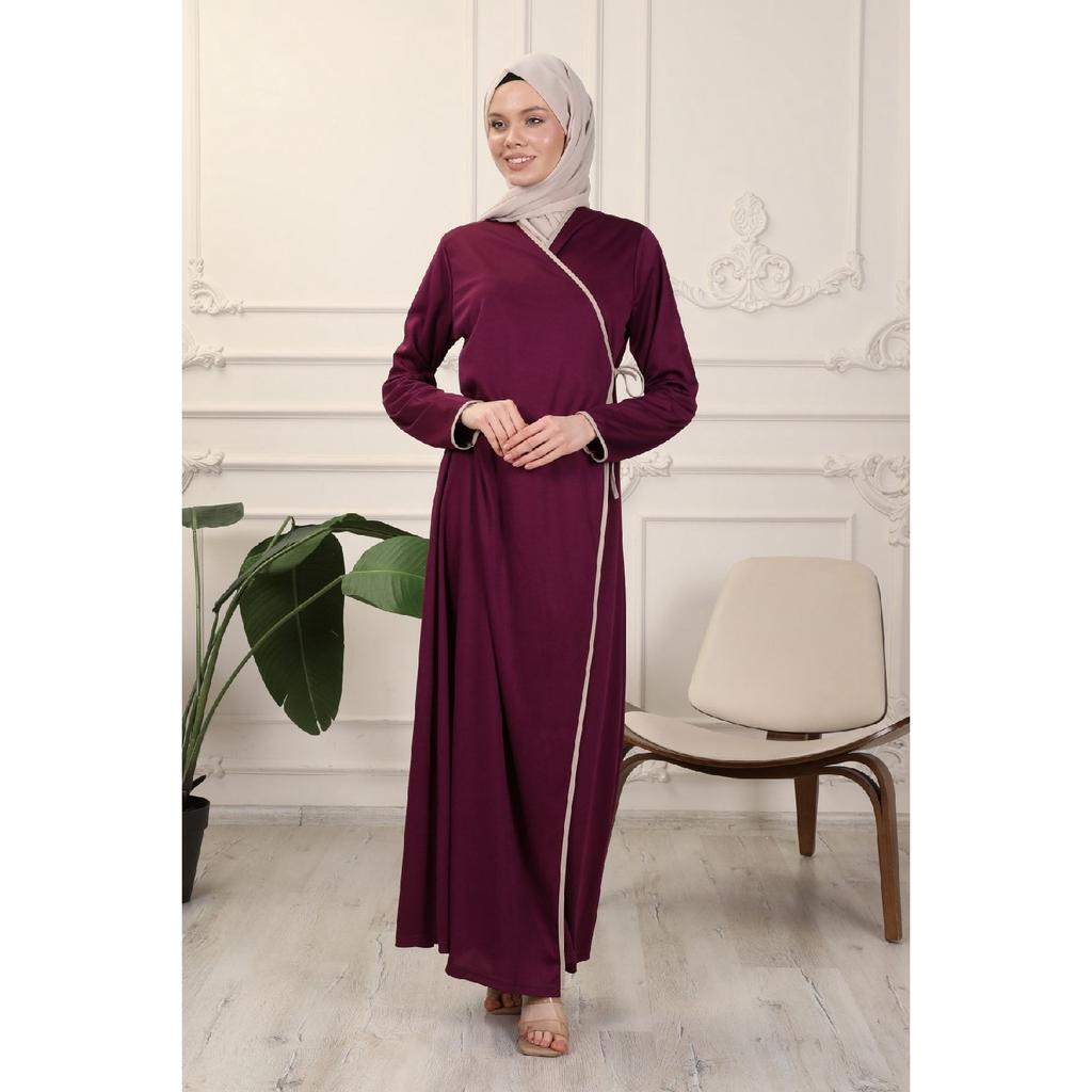 Black Double Breasted Neck Piping Flexible Interlock Fabric Prayer Dress