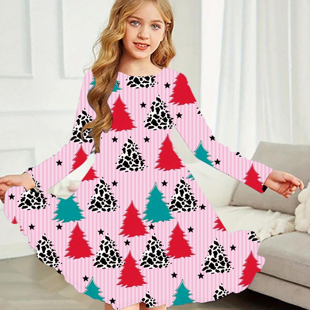 Girl Casual Christmas Small Items Print Round Neck Long Sleeve Dress Kid Princess Dress