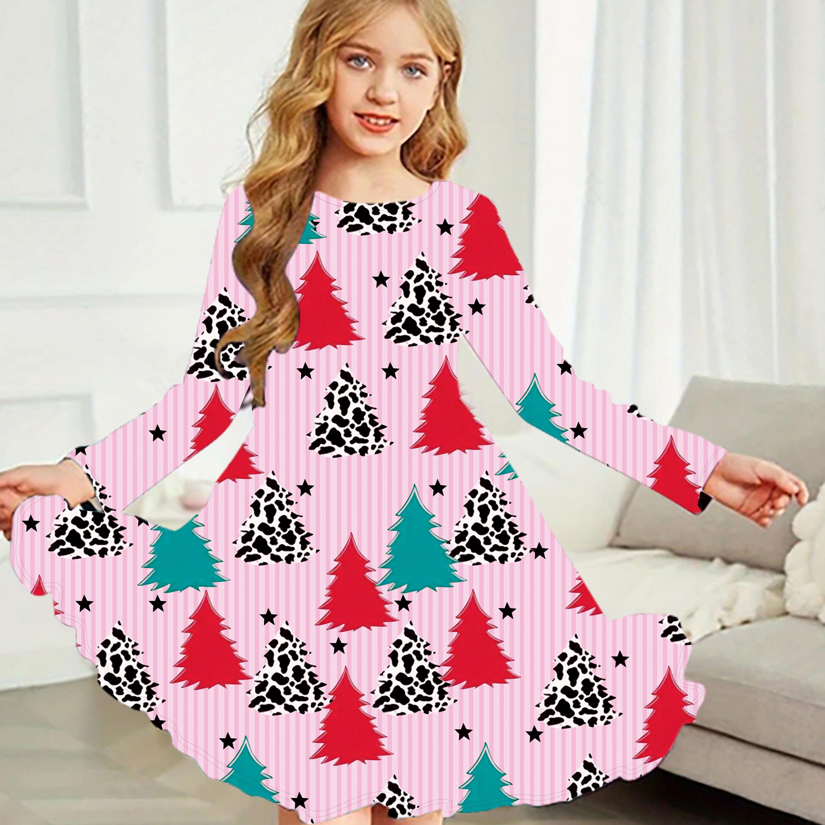 

Повседневное рождественское платье для девочек с принтом в виде круглого выреза и длинными рукавами, детское платье принцессы 180 розовый