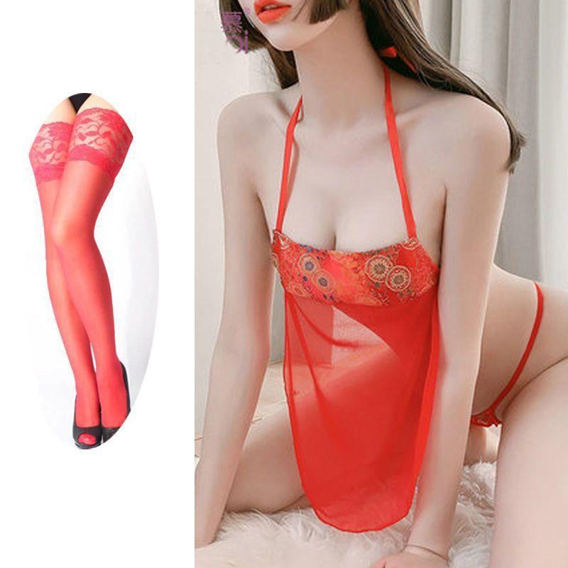 Sexy Open underwear women's court nightgown Chinese demeanor ancient large size perspective suit sexy taste temptation belly pocket