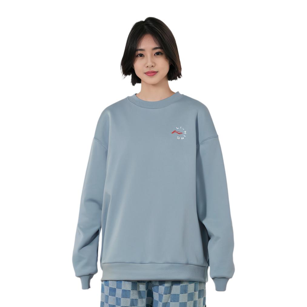 Li Ning Fitness Series Logo Print Solid Color Loose Round Neck Pullover Sweatshirt Women sweatshirt Mist-Blue AWDR874-7