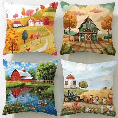 Classic Art Theme Farm Painting Cushion Cover Soft & Easy-Wash Pillow Case – Versatile for Couch, Bed, Travel and Office