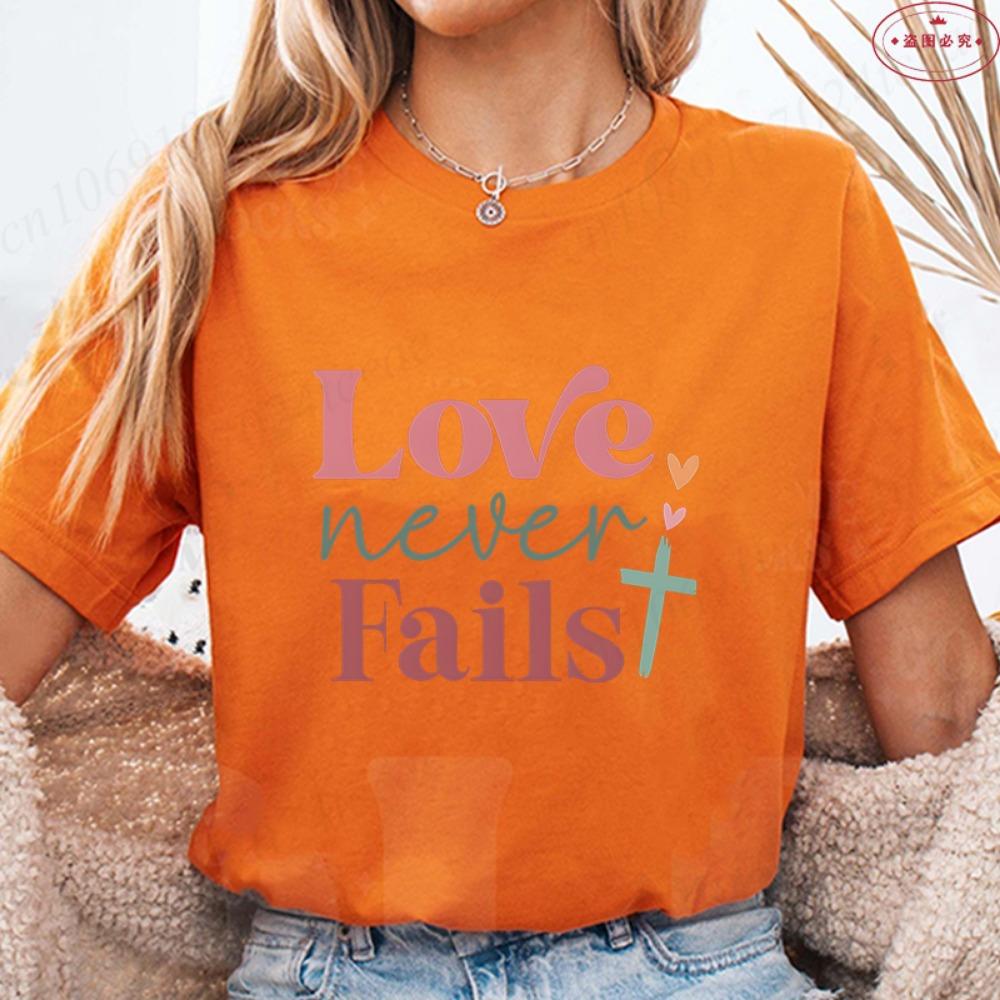 Women's Christian Faith T-Shirt 'Love Never Fails' Retro Color Block Cross Print Tee Casual Short Sleeve O Neck Tops for Church