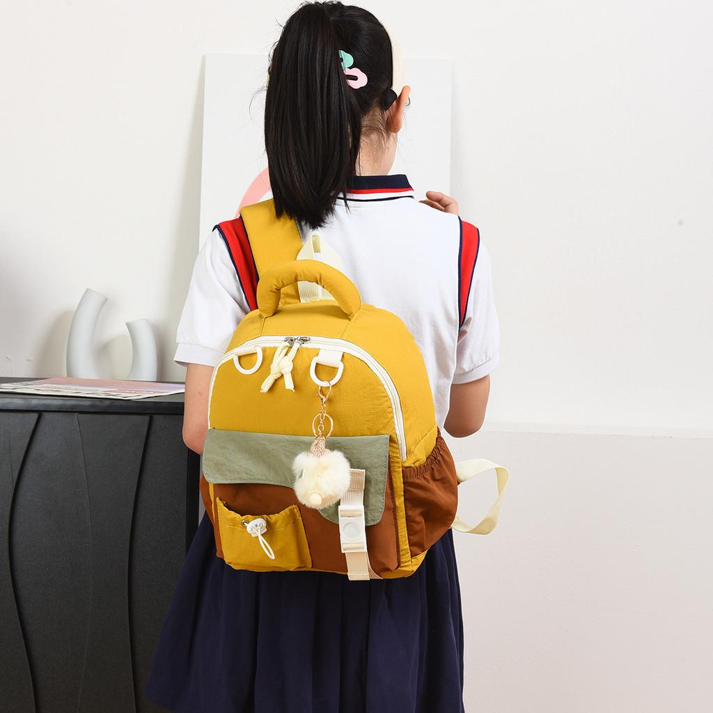 Childrens Blocked Color Backpack With Plush Pendant For School And Outings
