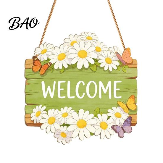 Weather Resistant Sign Wooden Welcome Sign, Rustic Door Hanging 2D Daisy Butterfly Print, Wall Art Halloween Thanksgiving Easter Seasonal Holiday for