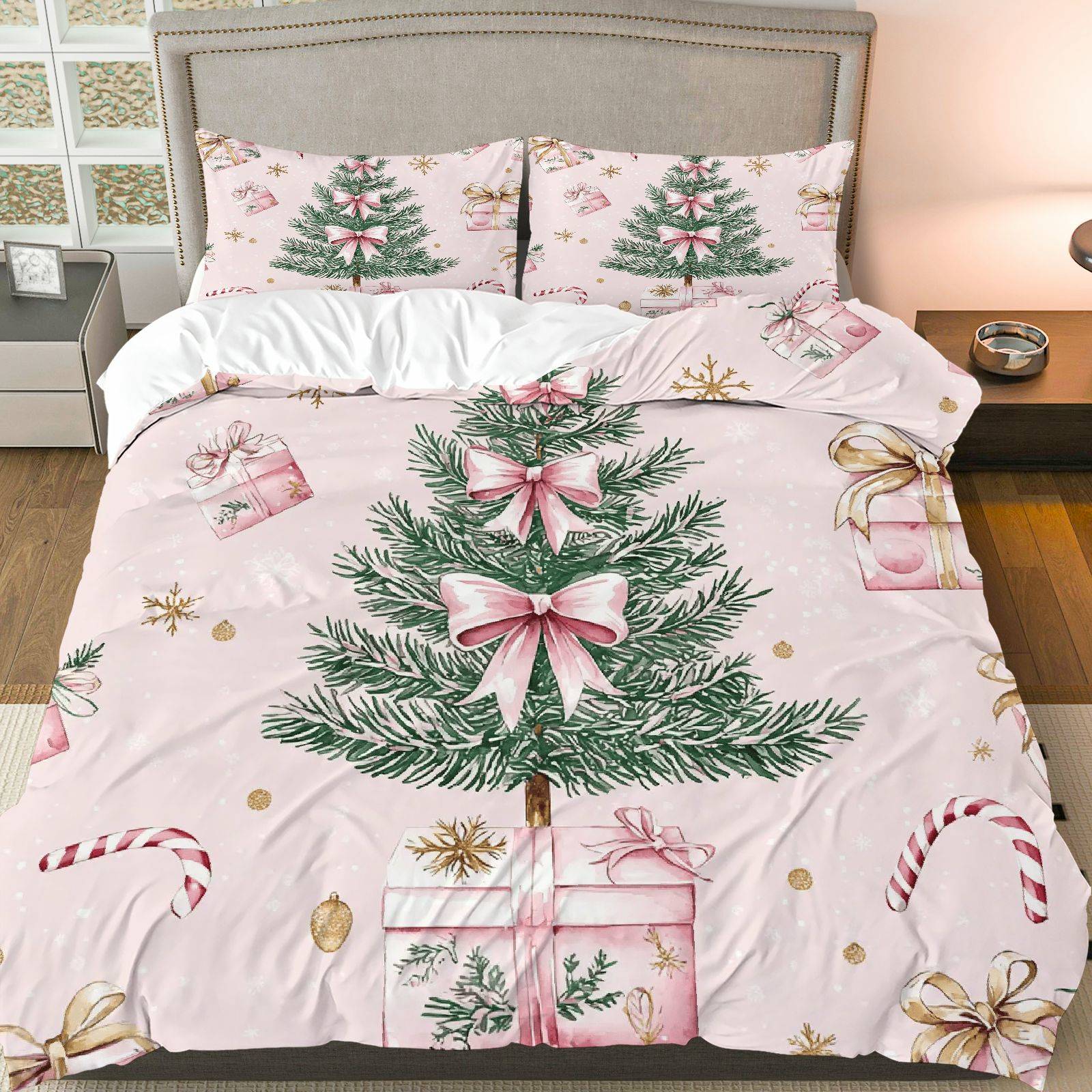 

[Christmas Duvet Cover Set] 3Pcs Christmas Tree & Candy Cane Duvet Cover Set - Pink Bow, Golden Snowflake Design, Polyester Duvet Cover Set&EU Single(135x200cm)