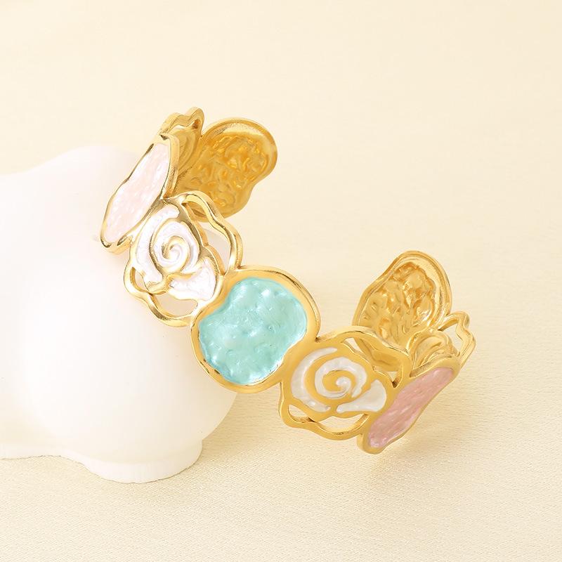 Элегантный Браслет из Титановой Стали с Эмалью, Цветочный, Спиральный, Золотой