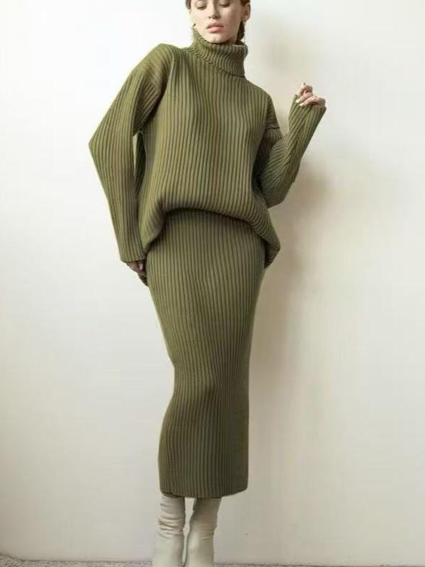 European and American Style Turtleneck Sweater Set Women's Loose Thermal Cover Head Pit Strip Skirt Sweater Two-piece Set Popular