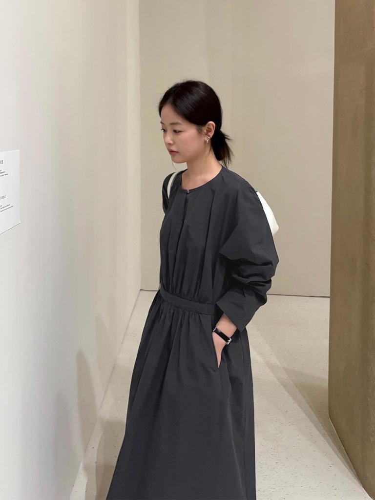 TG Minimalist Cotton-Feel Round Neck Long Sleeve Dress - 2026 Gentle Korean Style with Large Hem