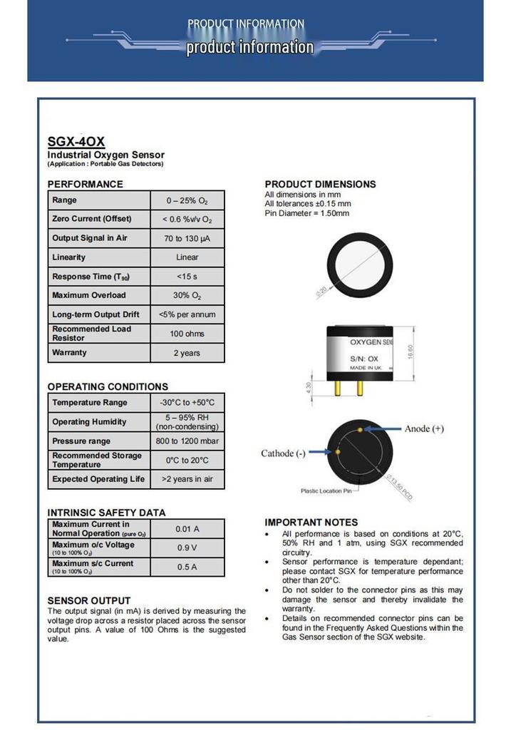 SGX-4OX O2 Air Quality Sensor for Gas Detectors