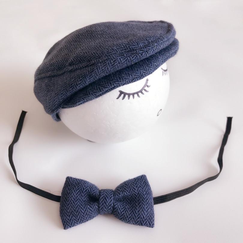 Newborn Baby Peaked Beanie Cap Hat + Bow Tie Photo Photography Prop Outfit Set Little Gentle Man Cap