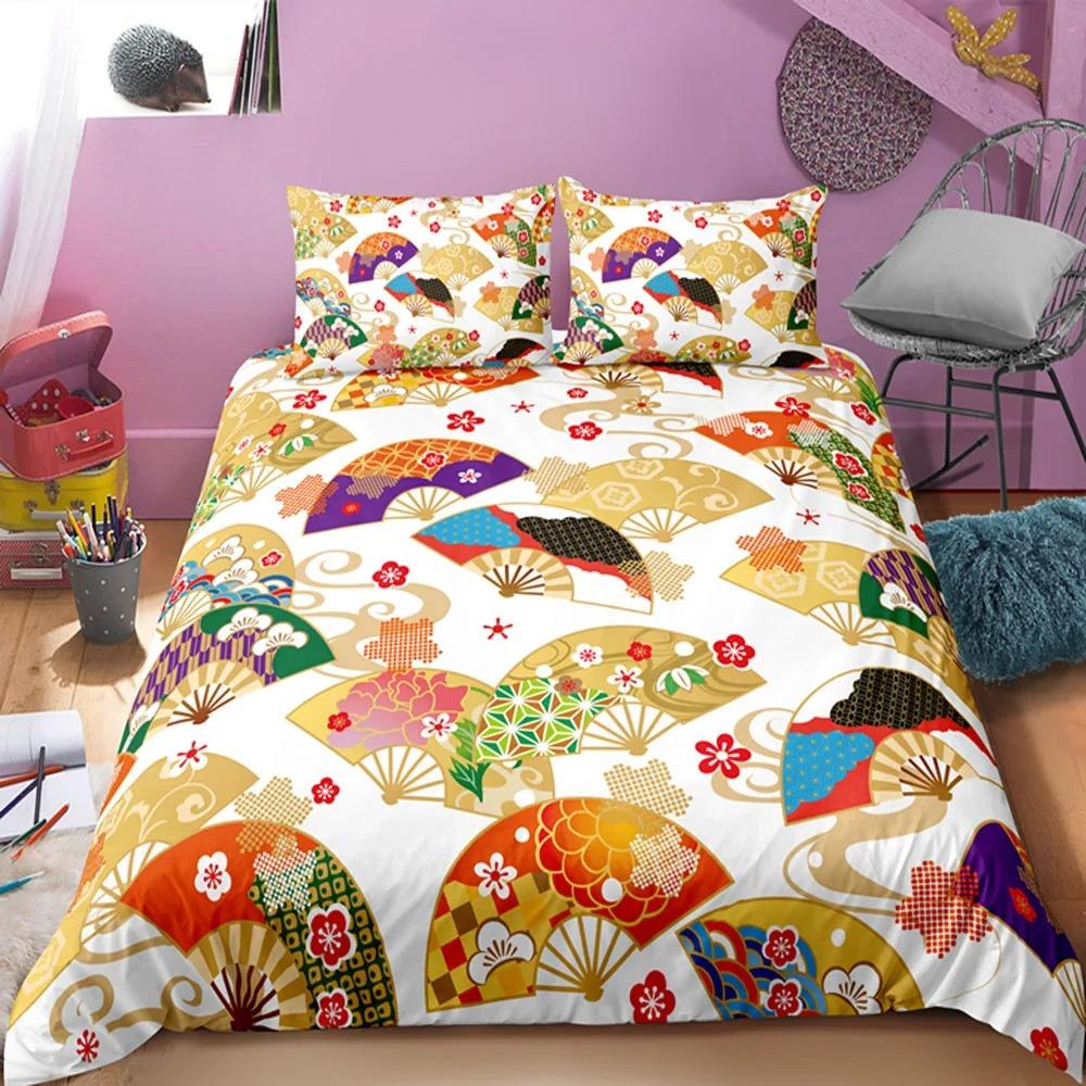 Japanese Doll Duvet Cover King Queen Lucky Cat Fan Bedding Set for Kids Girls Asian Japan Cultural 23PCS Polyester Quilt Cover