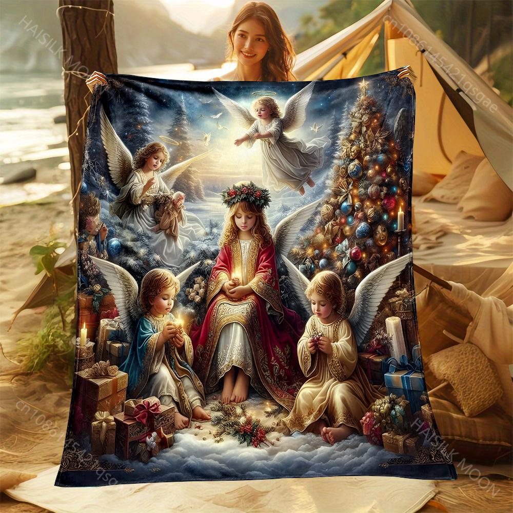 

Christmas Gifts Angel Print Blanket Fluffy Throw Warm Soft Suitable for All Seasons Gifts for Friends Home Travel Camping Picnic 75x90cm