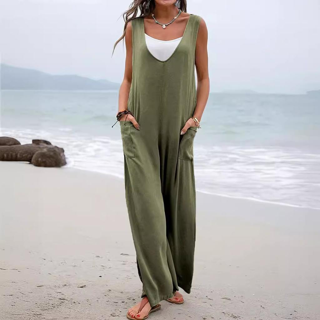 Women Dusty Pink V Neck Sleeveless Pocketed Wide Leg Overalls