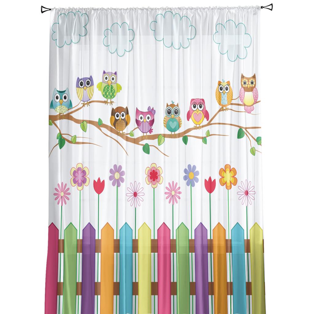 Cartoon Kid Cute Owl Flower Sheer Curtains for Living Room Decoration Window Curtains for Kitchen Tulle Voile Organza Curtains