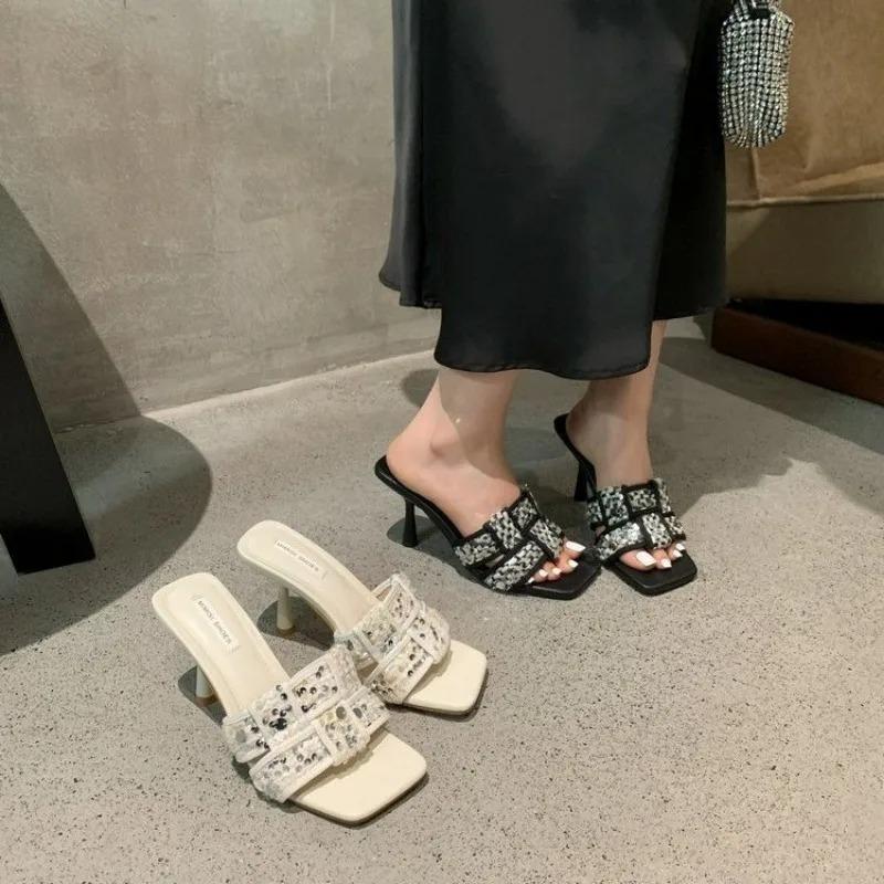 Women's Slippers Fashion Open Toe Braided Women's Shoes 2025 Summer New Casual Print Designer Beach Women's Stiletto High Heels