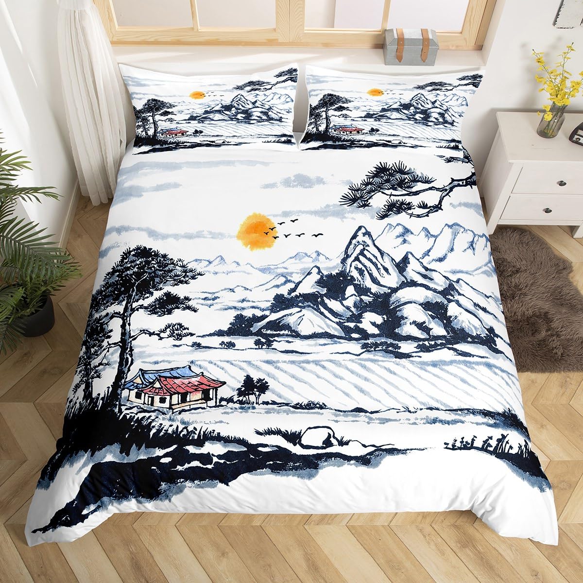 

White Crane Down Duvet Cover Queen King Size Wild Bird Animal Bedding Set Ink Painting Quilt Cover Trees Branches Plants 3 Pcs US Full(200*230cm)3pcs