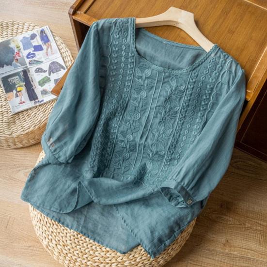 Women Tops Round Neck 3/4 Sleeve Puff Sleeve Loose Fit Casual Tops Embroidery Irregular Hem Blouse Spring Summer Wear
