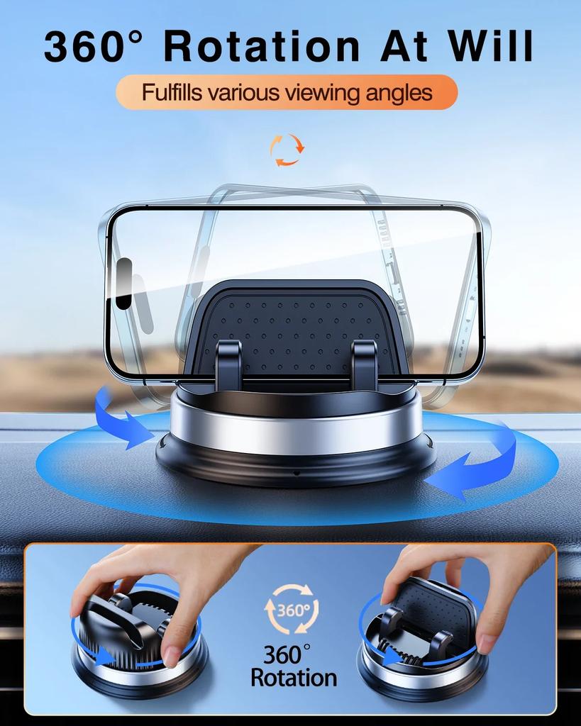 Eary Car Phone Holder Mount Dashboard 360°Rotatable Tablet Stand Universal Car Bracket for iPhone 15 Pro Max/14/13 Samsung S24