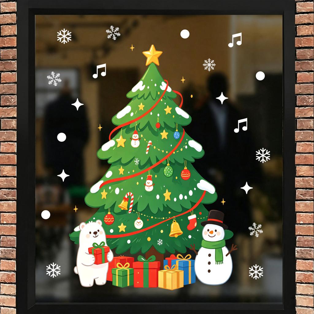 Sticker Cartoon Christmas Tree Static Window Sticker - Safe for Use on Living Room Windows Without Damaging Glass.