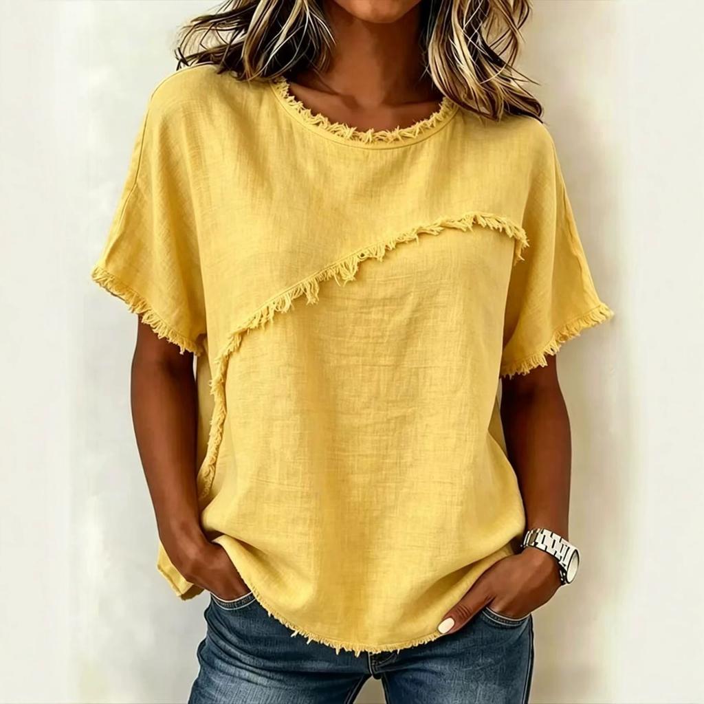 Women Round Neck Short Sleeve Linen Blend Blouse Raw Frayed Edge Splicing Fringe Boho Casual Summer Tops