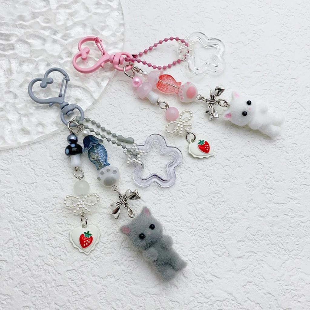 Cute Flocked Kitten Keychain with Five-Pointed Star Cat Paw Love Mobile Phone Chain Lanyard Pendant for Earphones & Cameras