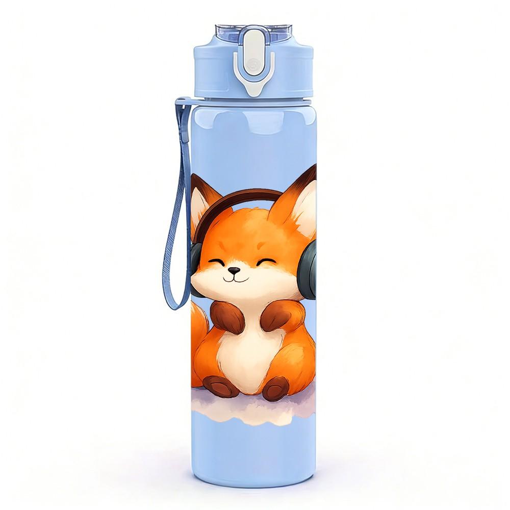 1PC Headphone Wearing Fox 750ml Color Plastic Sports Water Bottle Leakproof Flip Straw Lid Suitable for Sports Office Home Use