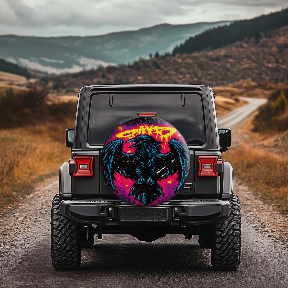 Tire Cover Featuring ACrow Soaring Through Starry Sky, Designed In Gothic Sci-Fi Style, Suitable For Suvs, Rvs, Off-Road
