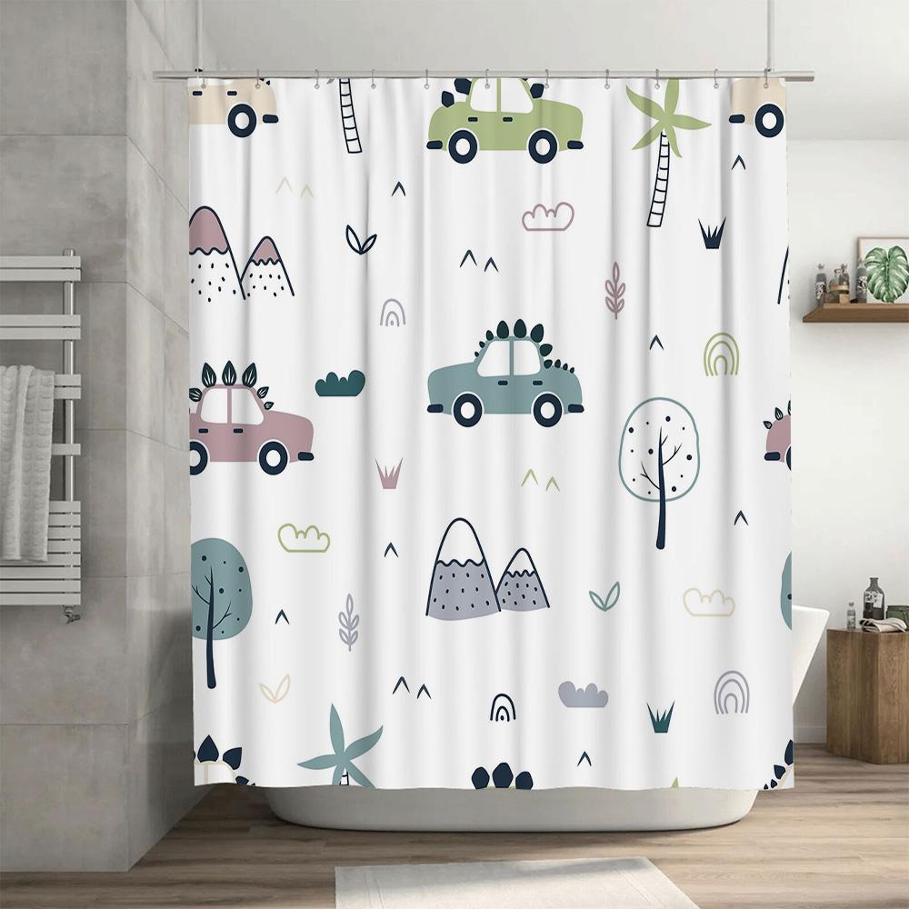Whimsical Greenery Shower Curtain Pastel Colors for Bathroom Decor Creative Car Tree Design Waterproof Fabric Water Repellent 72