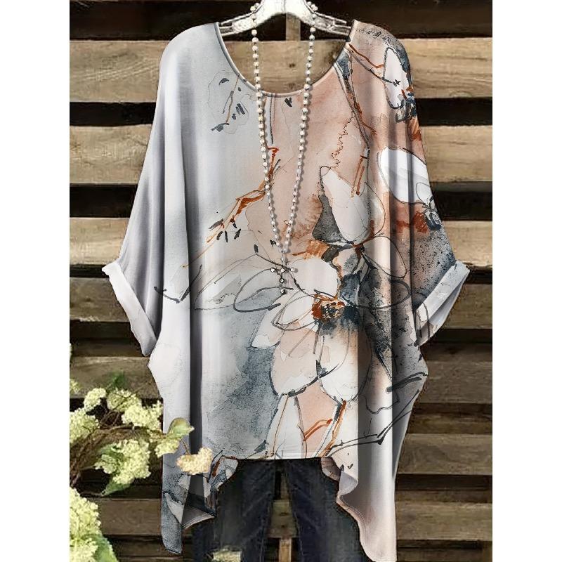 New Women's T-Shirt Vintage Floral Pattern Printed Asymmetrical Hem O-Neck Short Sleeve Top Casual Fashion Street