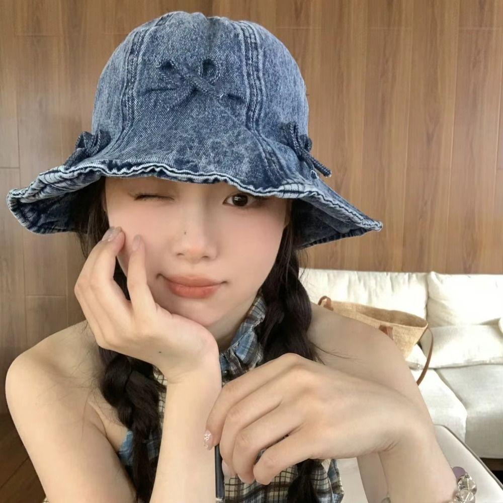 Korean Style Denim Bucket Hats Bowknot Sunscreen Hat Fashion Bow Fisherman Hat  Travel
