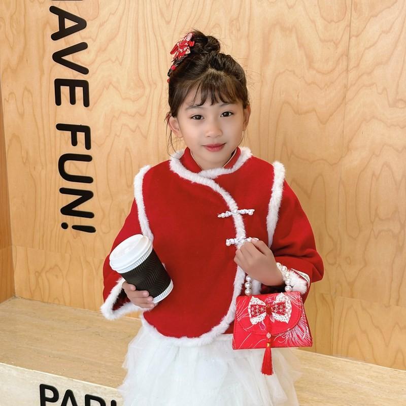 Adorable Red Shimmering Bow Pearl Children's Shoulder Bag For New Year Celebrations