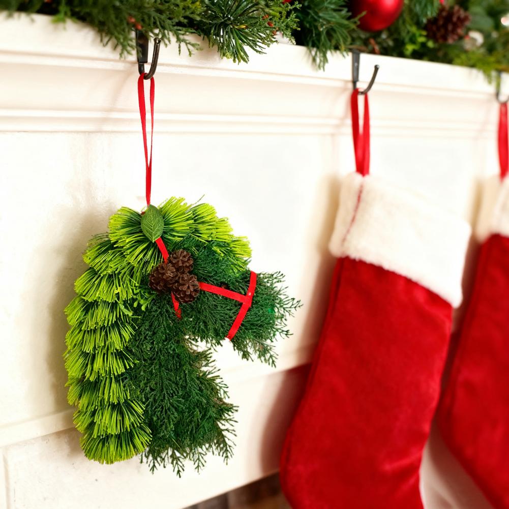 Holiday Horse Decoration Rustic Horse Head Wreath with Ribbon Hand-woven Artificial Branch Equestrian Door Decor Christmas Front
