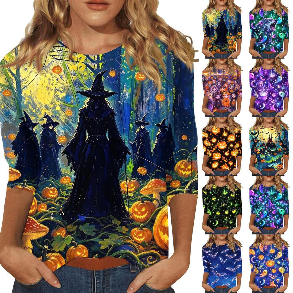 Women Casual 3/4 Sleeve Halloween Print Round Neck Top Lightweight Comfortable Fit Stretchy Fabric Stylish Design