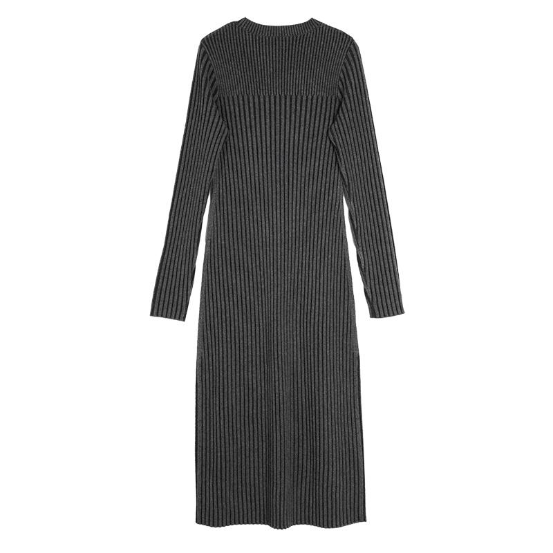 ELLE French Style Solid Color Slim Fit Midi Dress With Long Sleeves Women dresses Dark-Gray L7ALM029
