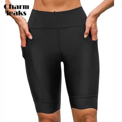 Women's  Solid Swim Short Wave Edge Swimming Bottom with Pockets