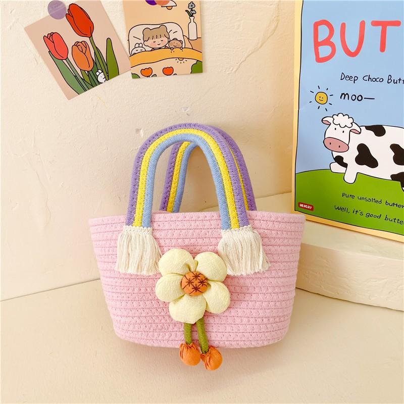 Children's Handbag Cotton Rope Woven Bag Gift Basket Shoulder Cartoon Sunflower Rainbow