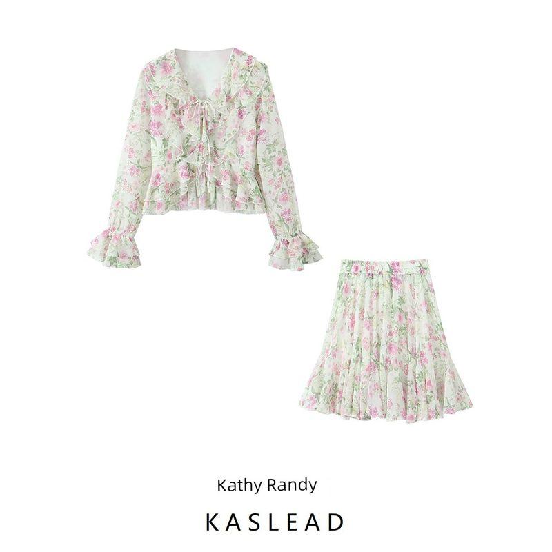 Kaslead New Arrival Women's Clothing Fashion Style Fashion Floral Flounce Short Long Sleeves Tops Skirt Suit