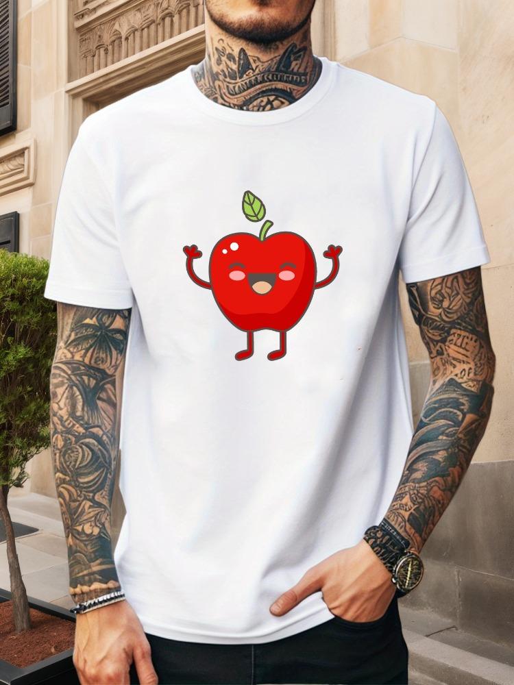 Unisex O Neck Tee Cute Smiling Apple Cartoon Graphic Print Cotton Short Sleeve Loose Summer Breathable Daily Casual Basic Wear Top