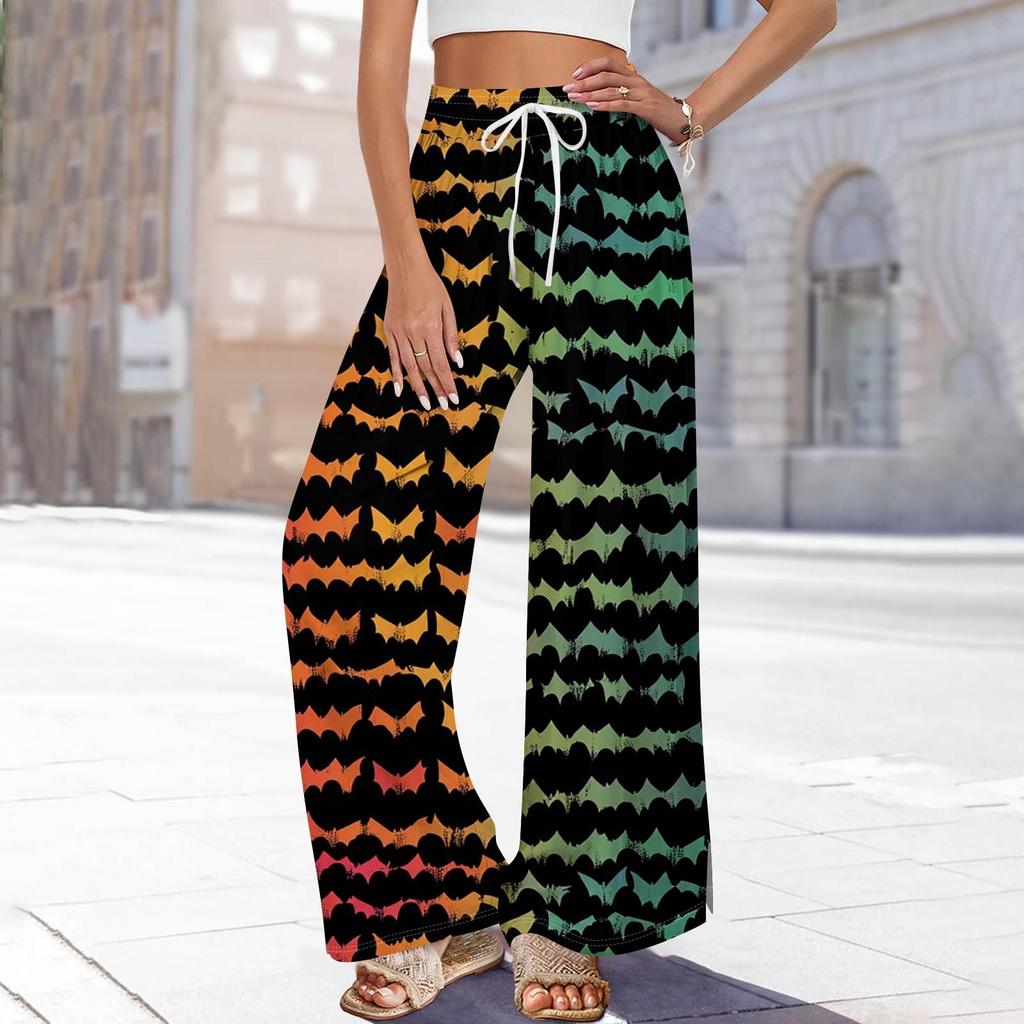 Women's Printed Wide Leg Pants With Pockets High Waist Drawstring Loose Casual Pants