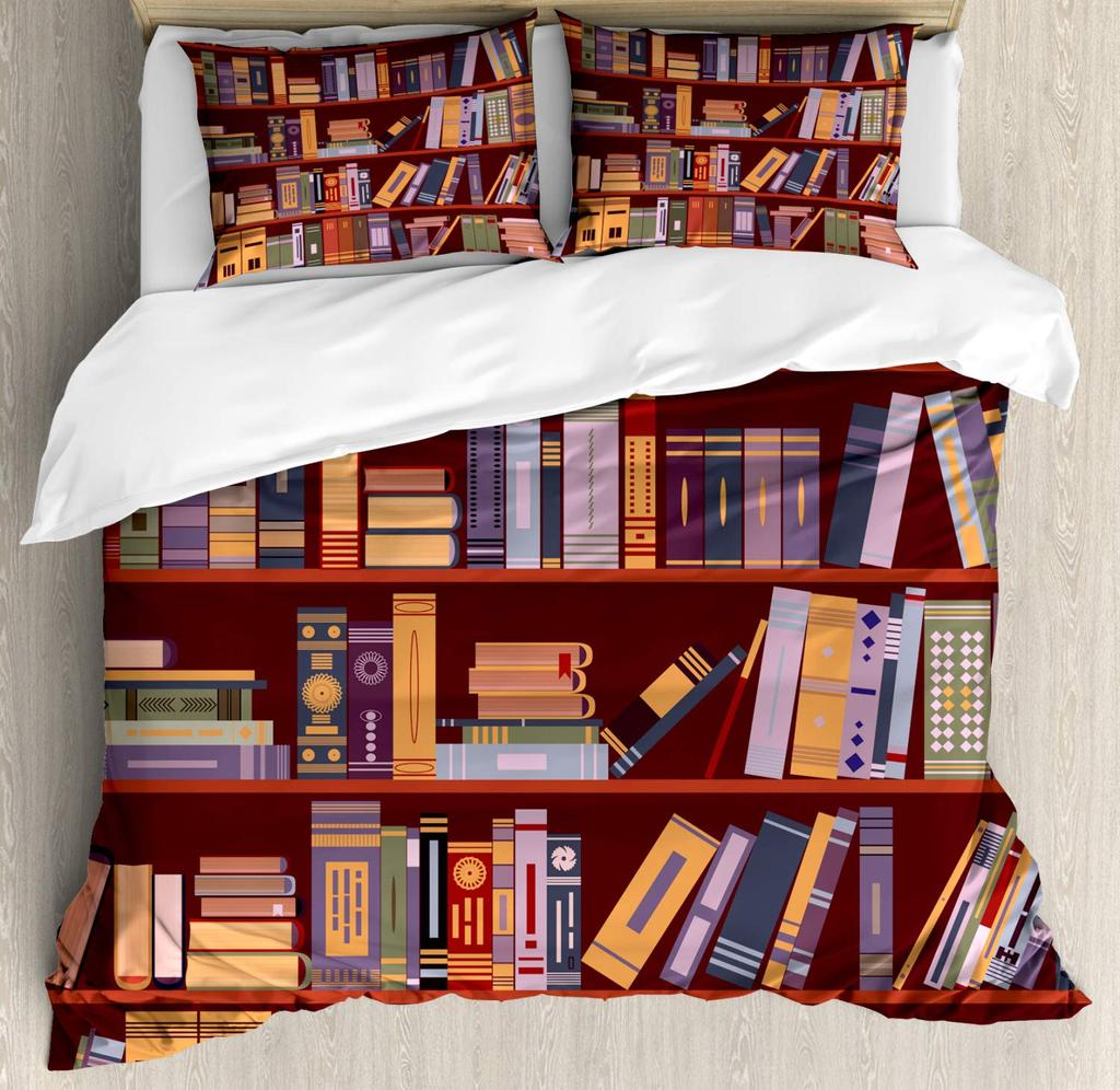 Library Duvet Cover Set Bookshelf Ladder Caricature Illustration Decorative Bedding Set Boy Girl Teenager Comforter Cover Sets
