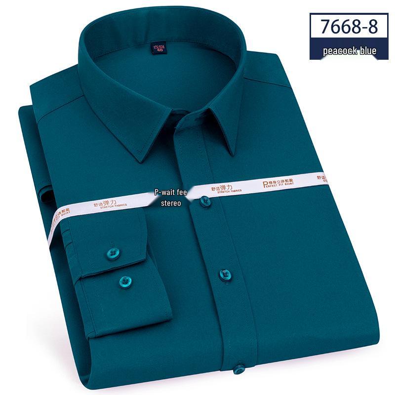 High Elasticity Non-Iron Slim Fit Men's Long Sleeve White Collar Business Casual Shirt with Pocket for Spring and Autumn.