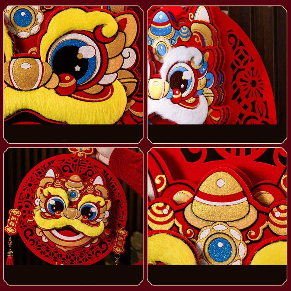 Flocking Chinese New Year Door Sticker Lion Dance 3D Spring Festival Window Sticker Thickened Glitter New Year Decoration
