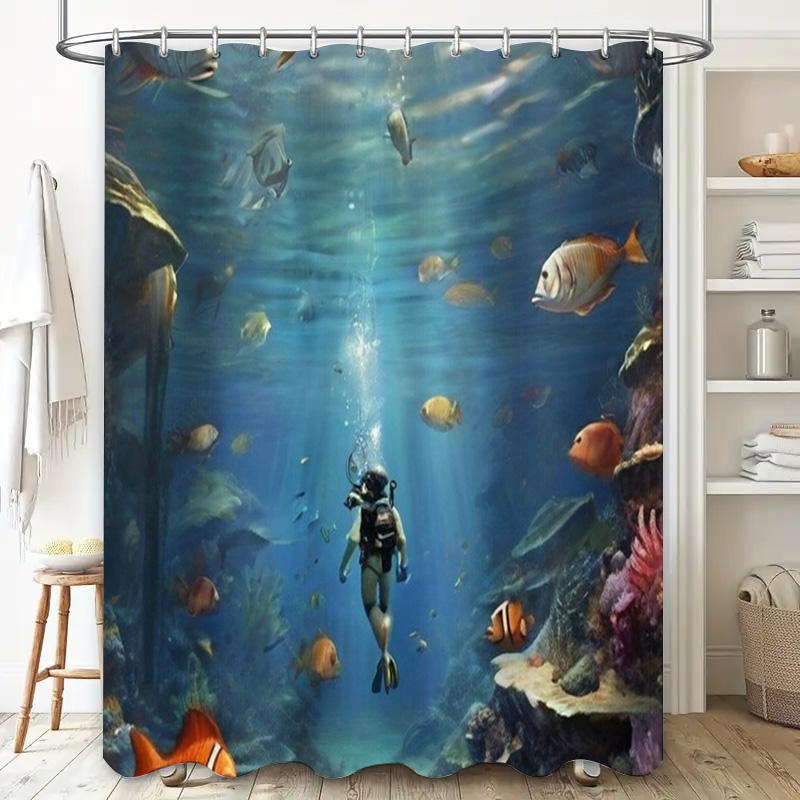 Zestaw zasłony prysznicowej 3D Życie oceaniczne Nurkowanie Dekoracja podwodnego świata do łazienki Wodoodporne zasłony z tkaniny z nadrukiem z haczykami (1